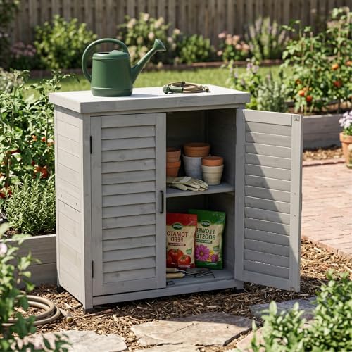 Solid Wood Patio Storage Cabinet with Metal Top - color: Grey - 31.50 X 17.00 X 36.00 Inch