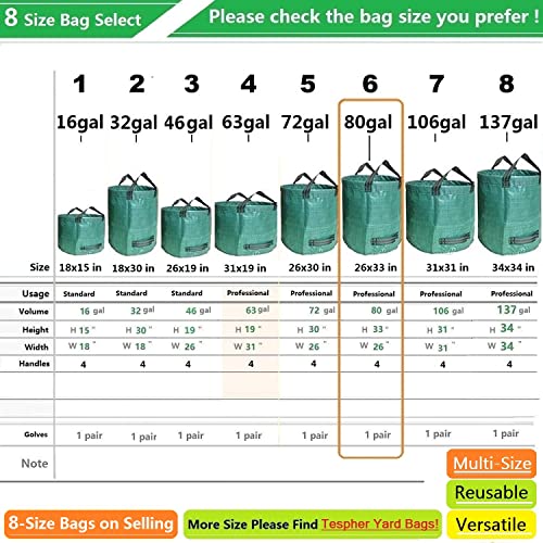 Professional 2-Pack 80 Gallon Big Lawn Garden Bags (D26,H33 inch) Yard Waste Bag with Gardening Gloves for Leaf Bag,Yard Debris,Garden Pruning,Trash Container,Lawn Grass Clippings,Weeds Bags 4 Handles