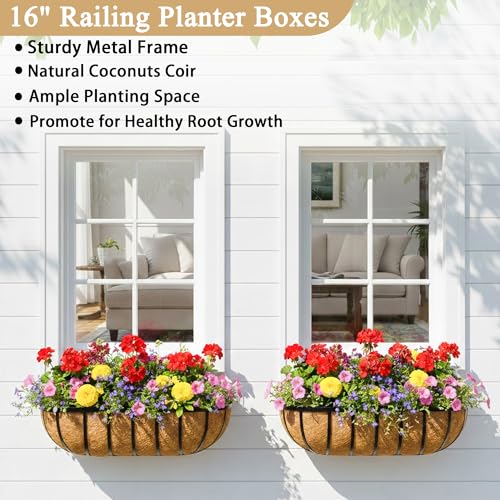 Window Box Railing Planter with Coco Liner 2 Pack 16 Inch Metal Hanging Flower Planter Deck Railing Planters Boxes for Balcony Outdoor Plants Fence Porch Patio - size: 16IN