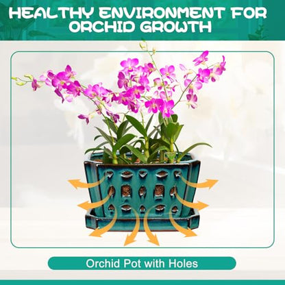 Teenyyou 7 Inch Ceramic Orchid Pot with Holes and Saucer Repotting,Green - color: Green
