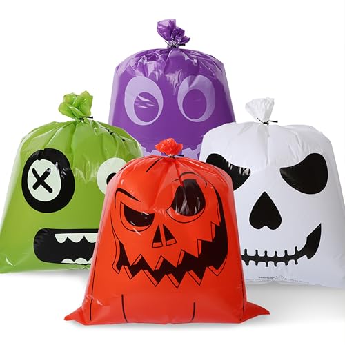 L7HWDP 4 Pcs Halloween Pumpkin Leaf Bags with Twist Ties, Fall Yard Leaf Trash Bags Halloween Goodie Bags Outdoor Party Favors Decorations