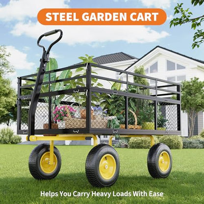 3-in-1 Heavy-Duty Steel Garden Cart, 1400 Lbs Garden Wagon, with 13 Inch All-Terrain Tires and Removable Mesh Side Panels, 180° Rotating Handle, Metal Multi-Function Carts, Outdoor Gardens Wagon Cart - color: Black + Yellow, size: 1400 Lb