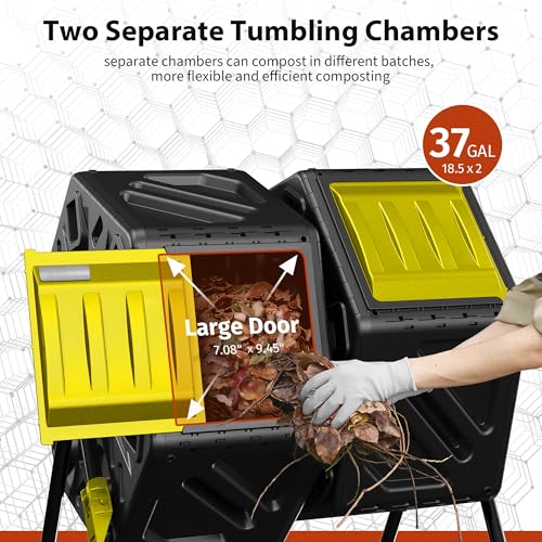 Compost Bin, 37-Gal Dual Chamber Composter Tumbler, Black Yellow