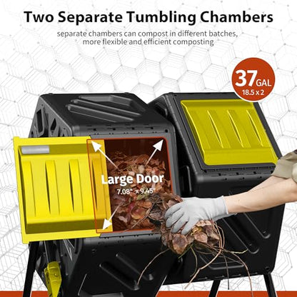 Compost Bin, 37-Gal Dual Chamber Composter Tumbler, Black Yellow