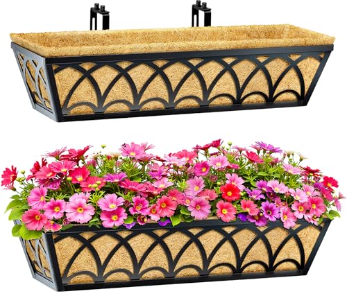 24 Inch Railing Planter Box Window Boxes Planters - 2 Pack Deck Railing Planter Boxes with Adjustable Brackets Coco Liners Balcony Planters Railing Hanging for Window Flower Boxes Outdoor Garden Decor - size: 24 Inch