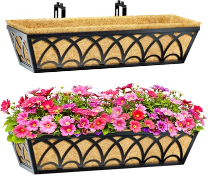 24 Inch Railing Planter Box Window Boxes Planters - 2 Pack Deck Railing Planter Boxes with Adjustable Brackets Coco Liners Balcony Planters Railing Hanging for Window Flower Boxes Outdoor Garden Decor - size: 24 Inch