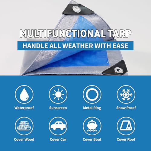 TARPAL Tarp 10x12 feet 7.5mil Multipurpose Waterproof Poly Tarp Silver/Blue - color: Silver/Blue-7.5mil, size: 10x12 Feet-Finished size