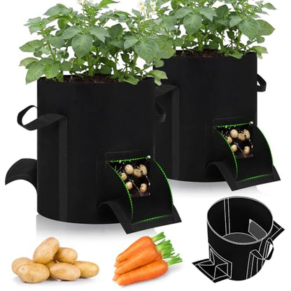2pcs 10 Gallon Potato Grow Bags with Harvest Window & Visible Window 350g Thickened Nonwoven Fabric Pots, Sturdy Handle Garden Planting Bag for Vegetable Fruits Tomato Growing