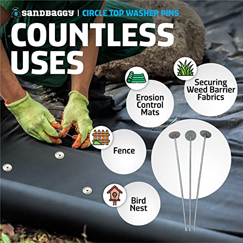 Sandbaggy 12 Inch Circle Top Pins | Industrial Grade 6 Gauge Steel | Great for Hard & Rocky Soil | Holds 10X Better | Landscape Staples SOD Garden Stakes Weed Barrier (12 Inch - 20 Pcs) - size: 12 Inch - 20 Pcs
