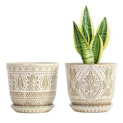 Gepege Ceramic Plant Pots, 6 Inch Indoor Planters with Drainage & Saucers - color: White-b, size: 6 Inch - Set of 2