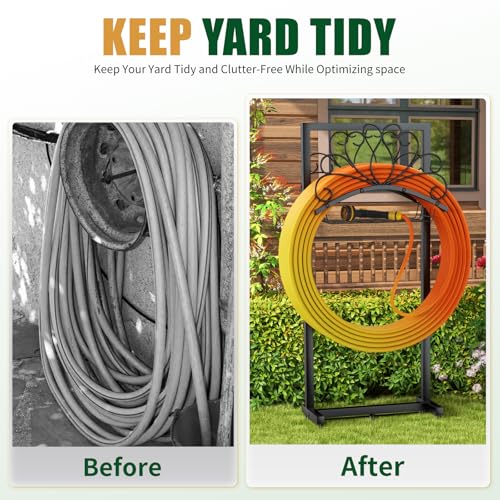 Garden Hose Holder, Heavy-Duty Metal Water Hose Holder with Detachable Storage Basket, Freestanding Hose Stand & Organizer for Outside Yard Lawn, Rust-Resistant Hose Rack for Easy Hose Storage