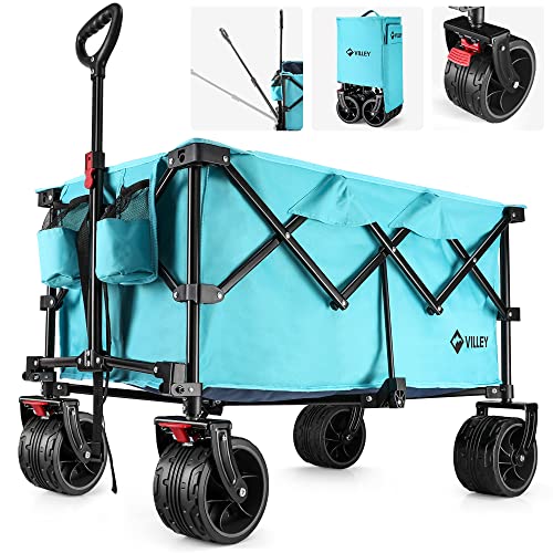 VILLEY Collapsible Folding Wagon with Big Wheels, All Terrain Beach Wagon Cart Heavy Duty Foldable, Enlarged 225lbs Capacity, Portable Utility Garden Cart with 2 Cup Holders and Brake, Blue - color: Blue