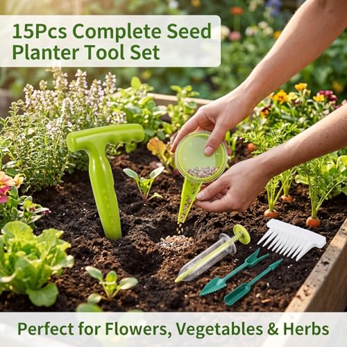 15Pcs Seed Planter Tool Set with 5-Hole Seed Dispenser, 6.9" Garden Dibber, Succulent Transplanting Tools & 10 Plant Labels for Sowing Seeds, Flowers & Vegetables