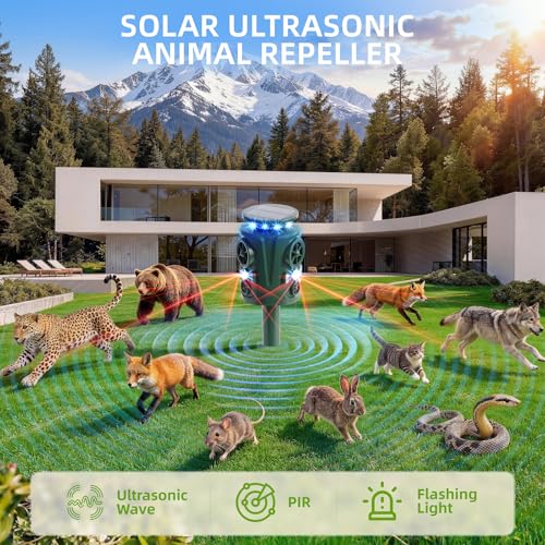 Solar Ultrasonic Animal Repeller Outdoor 360° Motion Activated Animal Deterrent, Cat Repellent Outdoor with LED Light, IP66 Waterproof 5 Modes Deer Squirrel Raccoon Skunk Rabbit Dog Repellent for Yard