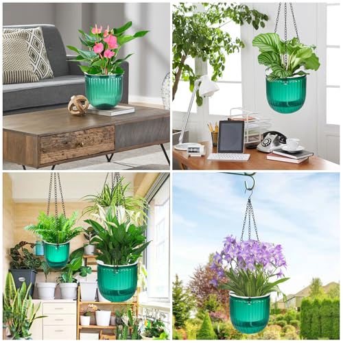 4Pcs Self Watering Hanging Planter, 6.5'' 4.5'' Hanging Plant Pots with Drainage Holes,Plastic Hanging Plant Flower Pots Baskets,Visible Hanging Planters for Indoor Plant Garden Home(Emerald)