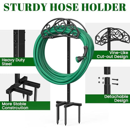 Sunvigor Garden Hose Holder, Heavy Duty Metal Hose Stand with 4 Spikes, Holds Up to 150FT Hose, No Drill Freestanding Hose Reel Alternative for Yard Lawn Outdoor