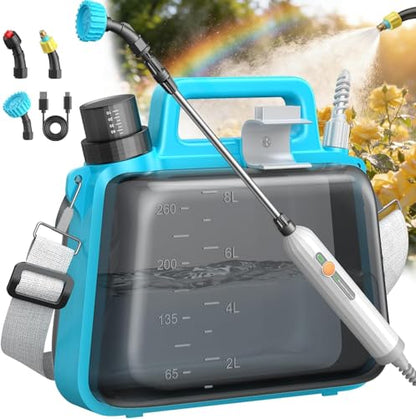 Battery Powered Garden Sprayer 2 Gallon, Electric Pump Sprayer with 3 Mist Nozzles, Rechargeable Handle, Telescopic Wand, Adjustable Strap, Water Spray Weed Sprayer for Lawn, Garden, Yard, Plants - size: 2 GAL