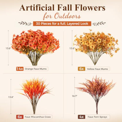 DomeStar 30PCS Fall Mums for Outdoors, Faux Fall Flowers UV Resistant