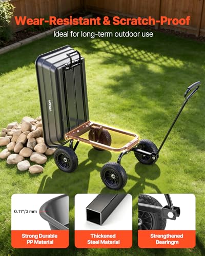 VEVOR 4 Cu.Ft 600LBS Poly Garden Cart Dump Wagon, 4 Wheel Heavy Duty Wheelbarrow with 10" Flat Free Tires, Yard Cart Dump Wagon with Quick-Release System - color: Darkgrey
