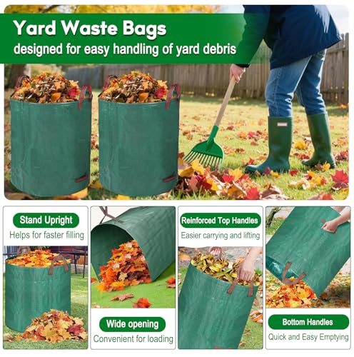 2 Pack Leaf Bags, 53 Gallon Reusable Yard Waste Bags, Heavy Duty Lawn bags Garden Bags for Leaves, Stand-Up Yard Waste Bin with Handles for Grass, Debris and Garbage