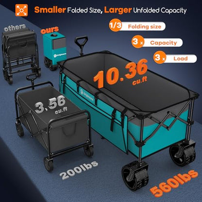 Originsure 300L Beach Wagon Cart Foldable with Big Wheels,560lbs,Turquoise - color: Grey&turquoise