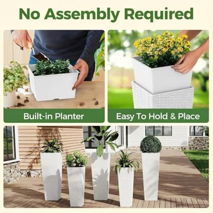 30in Front Porch Planters Outdoor Set of 2, Large Taper Planters with Drainage Holes＆Inner Bucket, Tall Plastic Pots White Rattan Decor Plant Pots for Home,Garden,Patio,Backyard