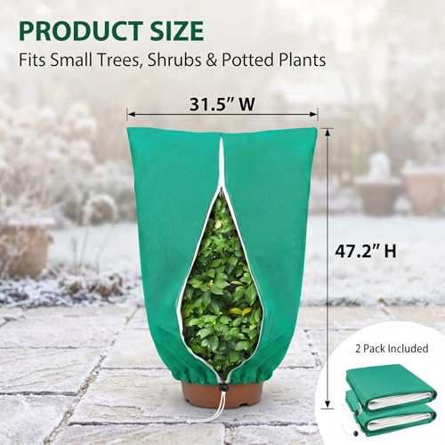 2 Pack Plant Covers Freeze Protection, 31.5" x 47.2" Frost Protection Covers with Zipper and Drawstring, Reusable Winter Plant Blanket for Outdoor Plants, Potted Trees, Shrubs and Garden Plants