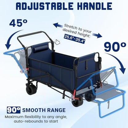 LEVELEVE Heavy Duty Folding Wagon - 2-in-1 Collapsible Cart, All-Terrain Wheels w/Brakes & Side Pockets (Blue,650lb Capacity) - color: Blue, size: Large