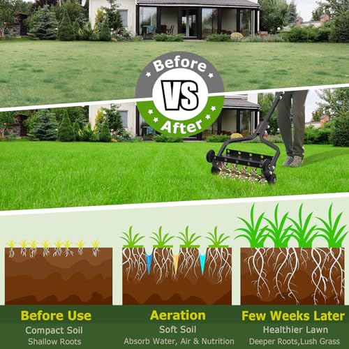 Seeutek 18 Inch Lawn Aerator, Upgraded Heavy Duty Manual Aerators Lawn Tool w/ 3D Steel Tines, 4 Wheels & Non-Slip Handle, Push Spike Aerator Suitable for Lawn, Garden and Yard - size: 18" Upgraded