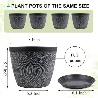 Quarut 4 Pack 8 Inch Flower Pots,Plastic Plant Pots with Drainage Hole&Tray - color: Gray, size: 8 Inch