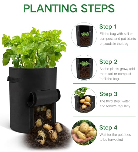 6-Pack 15 Gallon Potato Grow Bags – Durable Nonwoven Fabric Planters with Reinforced Handles | Reusable Garden Containers for Potatoes, Vegetables (Black, 15 Gallons/6 Pack) - size: 15 Gallons/6 pack
