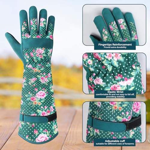 Gardening Gloves for Women, Long Garden Gloves with Grip, Thorn-Proof, Gift - color: Dark Green - Pink Flower