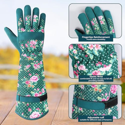 Gardening Gloves for Women, Long Garden Gloves with Grip, Thorn-Proof, Gift - color: Dark Green - Pink Flower