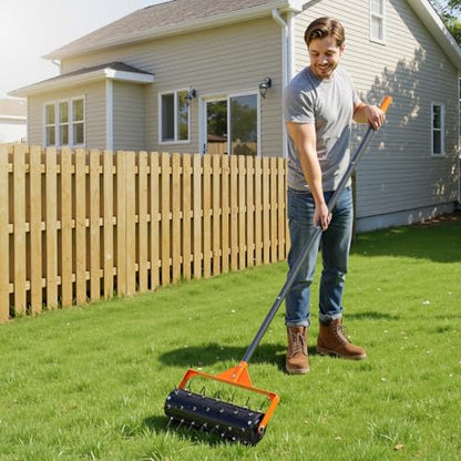 VEVOR Rolling Lawn Aerator, 15 in Manual Push Aerator Roller with 42 Spikes & 60 in Long Handle, Fillable Drum for Added Weight, Heavy-Duty Lawn Soil Penetrator for Garden Yard Compacted Soils - size: 15-inch, style: Rolling