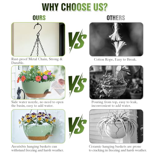 12 Inch Large Self Watering Hanging Planters 2 Pack with Saucers - color: Green Brown, size: 12 Inch 2 Pack