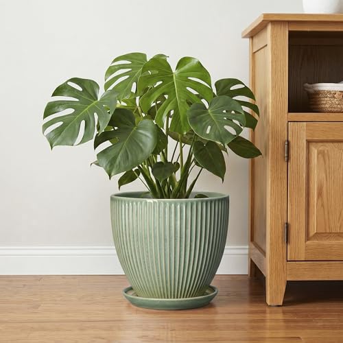 Ceramic Flower Pots, 10 Inch Plant Pot with Saucer, Green - color: Green, size: 10 Inch