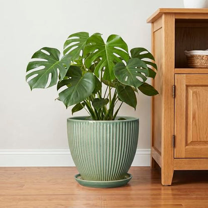 Ceramic Flower Pots, 10 Inch Plant Pot with Saucer, Green - color: Green, size: 10 Inch