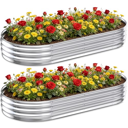 Galvanized Raised Garden Bed Outdoor, 8x4x1ft(2 Pack) Metal Heavy Duty Planter Boxes for Gardening, Easy Assemble Large Oval Plant Container Kit for Vegetable, Flower, Fruit, Silver - color: 2-silver(2pcs), size: 8X4X1FT