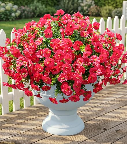 Fake Plants Artificial Flowers for Outdoor Outside Decor, 12 Bundles Faux Flowers Silk Hot Pink Morning Glory with Eucalyptus Look Real UV Resistant Faux Greenery for Planter Front Door Porch Patio - color: Hot Pink