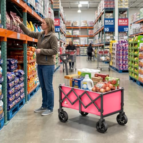 Collapsible Wagon Cart with Wheels & Reflective Stripe 280lbs Heavy Duty - color: Pink, size: Medium