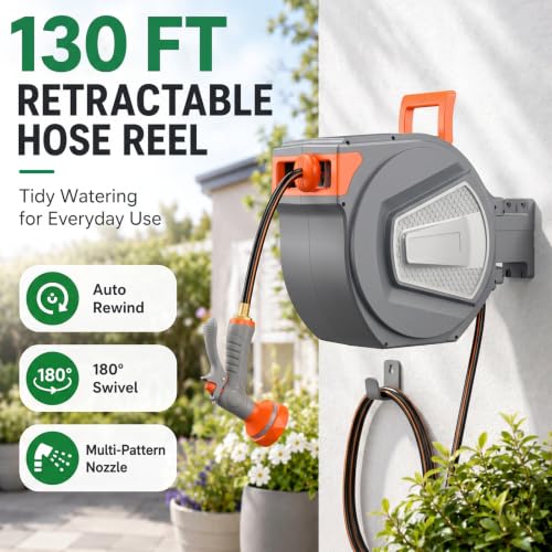 Retractable Garden Hose Reel, 130FT Wall Mounted Auto Rewind Water Hose Reel with 180° Swivel Bracket, Any Length Lock, Kink-Free Hose Guide, Multi-Pattern Spray Nozzle for Yard, Lawn & Outdoor - size: 130 FT