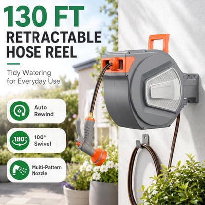 Retractable Garden Hose Reel, 130FT Wall Mounted Auto Rewind Water Hose Reel with 180° Swivel Bracket, Any Length Lock, Kink-Free Hose Guide, Multi-Pattern Spray Nozzle for Yard, Lawn & Outdoor - size: 130 FT