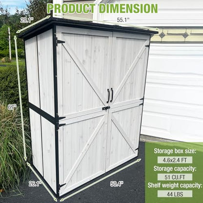 GUTINNEEN Outdoor Storage Shed with Metal Frame,Wooden Tool Cabinet with Adjustable Shelfs, House Garden Shed for Backyard Garden Patio Lawn - size: 55"W White