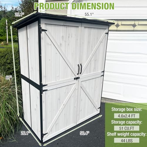 GUTINNEEN Outdoor Storage Shed with Metal Frame,Wooden Tool Cabinet with Adjustable Shelfs, House Garden Shed for Backyard Garden Patio Lawn - size: 55"W White