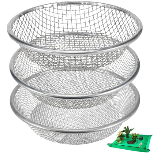 3PACK Soil Sifter for Gardening - Rock Sand Dirt Compost Sifter Fits 5-Gallon Buckets 1/4 Inch, 1/8 Inch, 3/8 Inch Mesh Sieve for Gravel, Dirt, Sawdust with Repotting Mat
