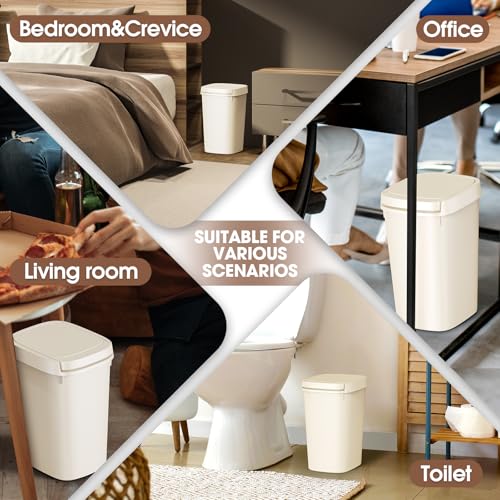 CEROELDA 3 Pack Bathroom Trash Can with Lid, 10L/2.6 Gal Small Garbage Can with Press Top Lid, Slim Plastic Waste Basket for Toilet, Office, Bedroom (Beige) - color: 3 Pack-Beige