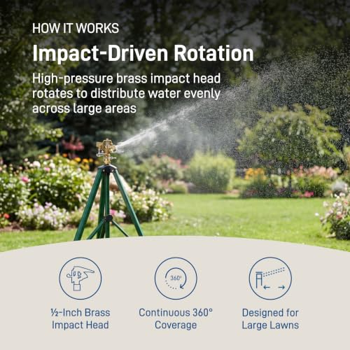 Orbit 1/2 Inch Brass Impact Sprinkler - Adjustable Metal Tripod - Long Range Lawn Watering System - 360 Degree Rotating Sprinkler - Heavy Duty Irrigation System - Adjustable 22-48 Inch Height - 58308 - style: Brass Impact Sprinkler