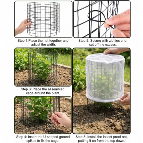 Plant Cages with Insect-Proof Netting, 10 Sets 30Pcs Wire Plant Protectors, 14" H x 13" D Cylinder Mesh Covers with Zip Ties & Ground Stakes, Animal Barrier for Rabbits Chickens Vegetables Flowers - color: 10 Pack With Netting