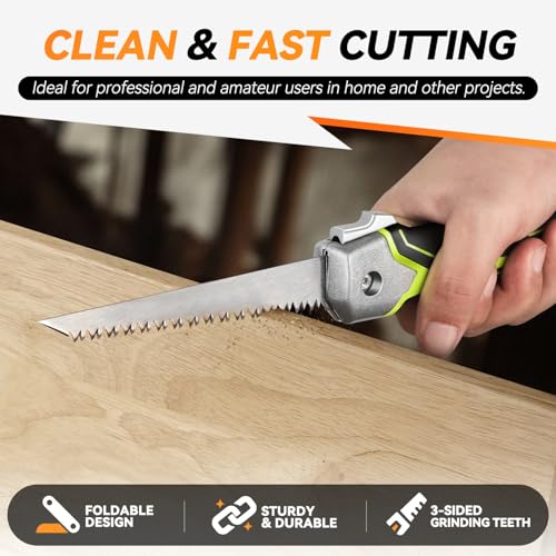Auto Dynasty Folding Handsaw with Triple Ground Teeth, Drywall Saw, Oil-Resistant Comfort Grip for Drywall, Wallboard, Plywood, Sheetrock, Plasterboard, Green - style: Folding Wallboard Saw