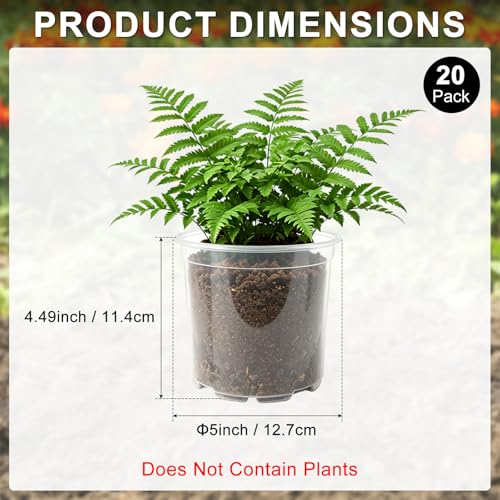 M METERXITY 20 Pack Clear Nursery Pots with Drainage Holes, Sturdy Plastic Seedling Starter Pots for Plants, Vegetable, Succulent, Propagation, Root Cutting, Seed Starting [5'' x 4''] - size: 5''
